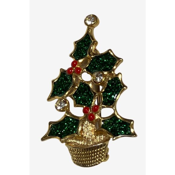Avon Vintage Gold Tone Christmas Tree Brooch Pin With Green Red Enamel Accents - Picture 2 of 8